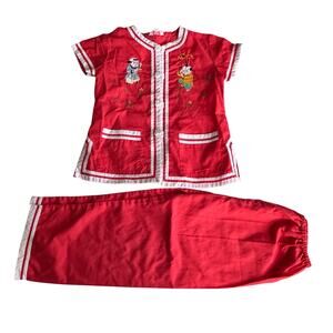 Vintage Embroidered Chinese Asian Outfit Red White Size 6